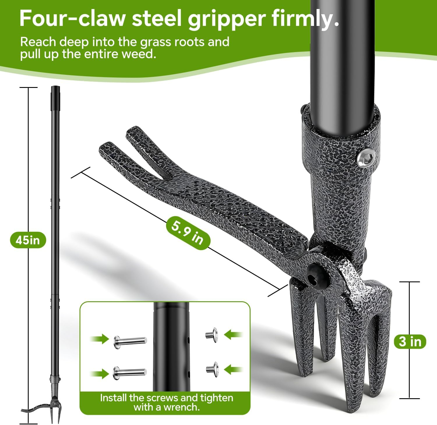 Weed Puller Tool – 45" All-Metal Stand Up Heavy Duty Weeder Hand Tool with 4-Claw Steel Head & Long Handle, Garden Weeding Tool for No Bending or Kneeling, Back & Knee Friendly, Easily Removes Weeds