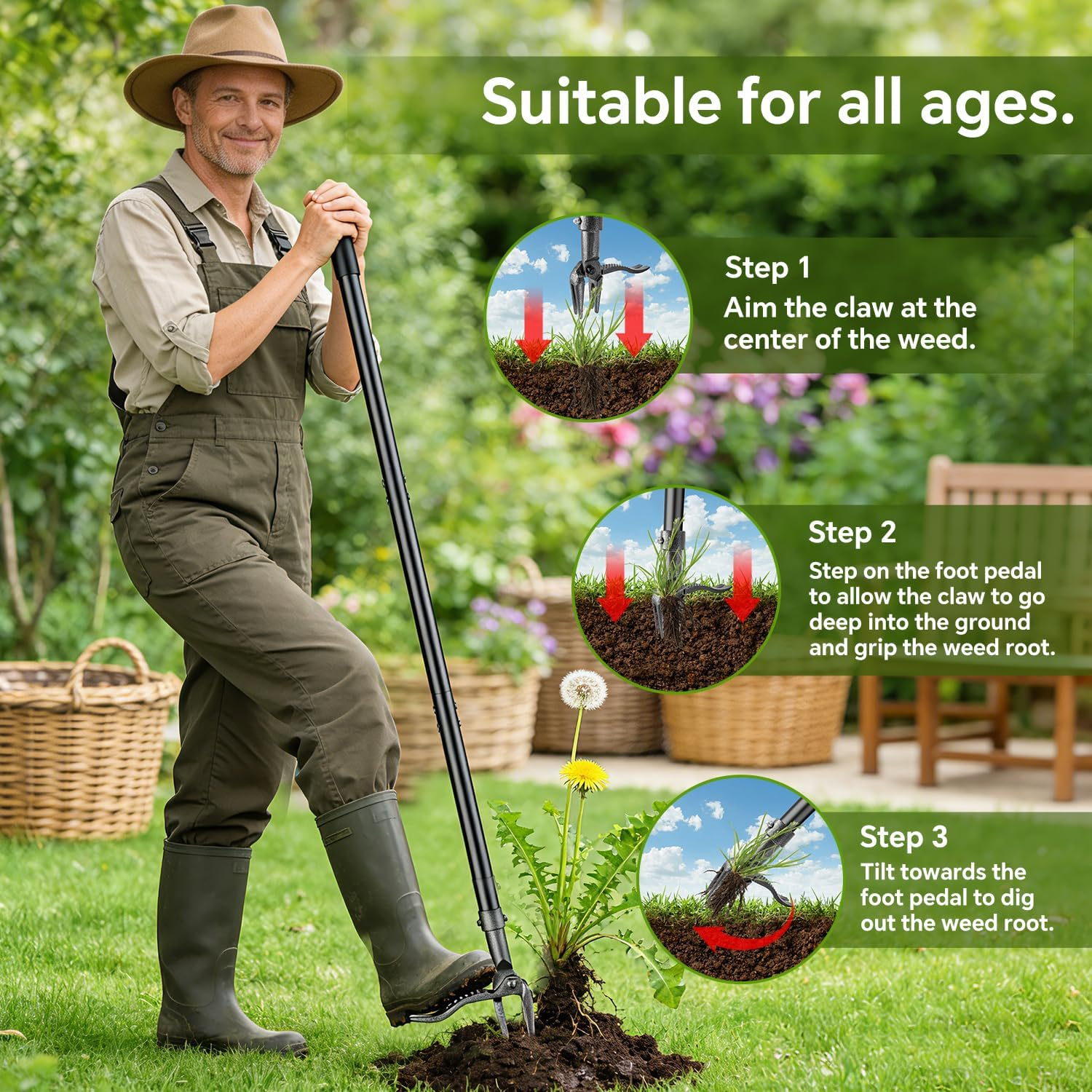 Weed Puller Tool – 45" All-Metal Stand Up Heavy Duty Weeder Hand Tool with 4-Claw Steel Head & Long Handle, Garden Weeding Tool for No Bending or Kneeling, Back & Knee Friendly, Easily Removes Weeds