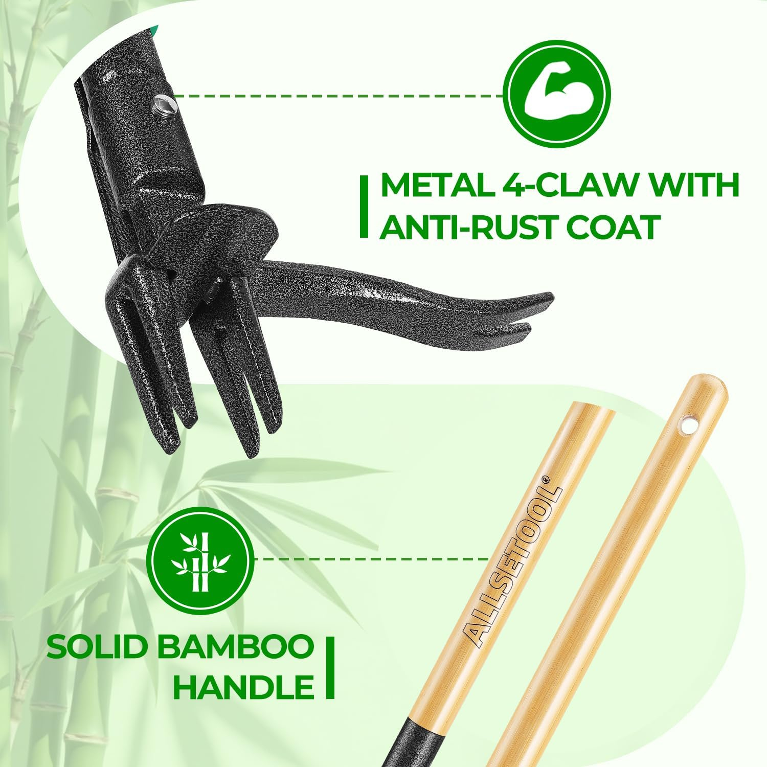 Weed Puller Tool with 2 Weed Eject Feature, 43.7in Stand Up Dandelion Remover Tool, Real Bamboo Handle and Metal 4 Claw & Foot Pedal, Heavy Duty Garden Weeder