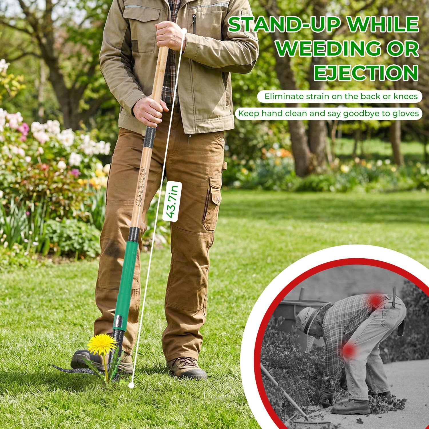 Weed Puller Tool with 2 Weed Eject Feature, 43.7in Stand Up Dandelion Remover Tool, Real Bamboo Handle and Metal 4 Claw & Foot Pedal, Heavy Duty Garden Weeder