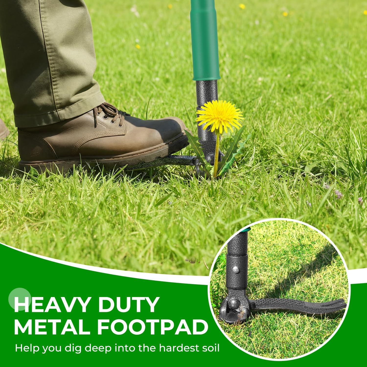 Weed Puller Tool with 2 Weed Eject Feature, 43.7in Stand Up Dandelion Remover Tool, Real Bamboo Handle and Metal 4 Claw & Foot Pedal, Heavy Duty Garden Weeder