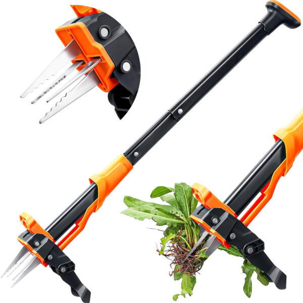 Weed Puller Tool - Stand Up Weed Puller with 4-Claw Steel Head, 39" Retractable Handle & Easy-Eject Mechanism for Dandelions, Clover & More, No Bending or Kneeling - Orange
