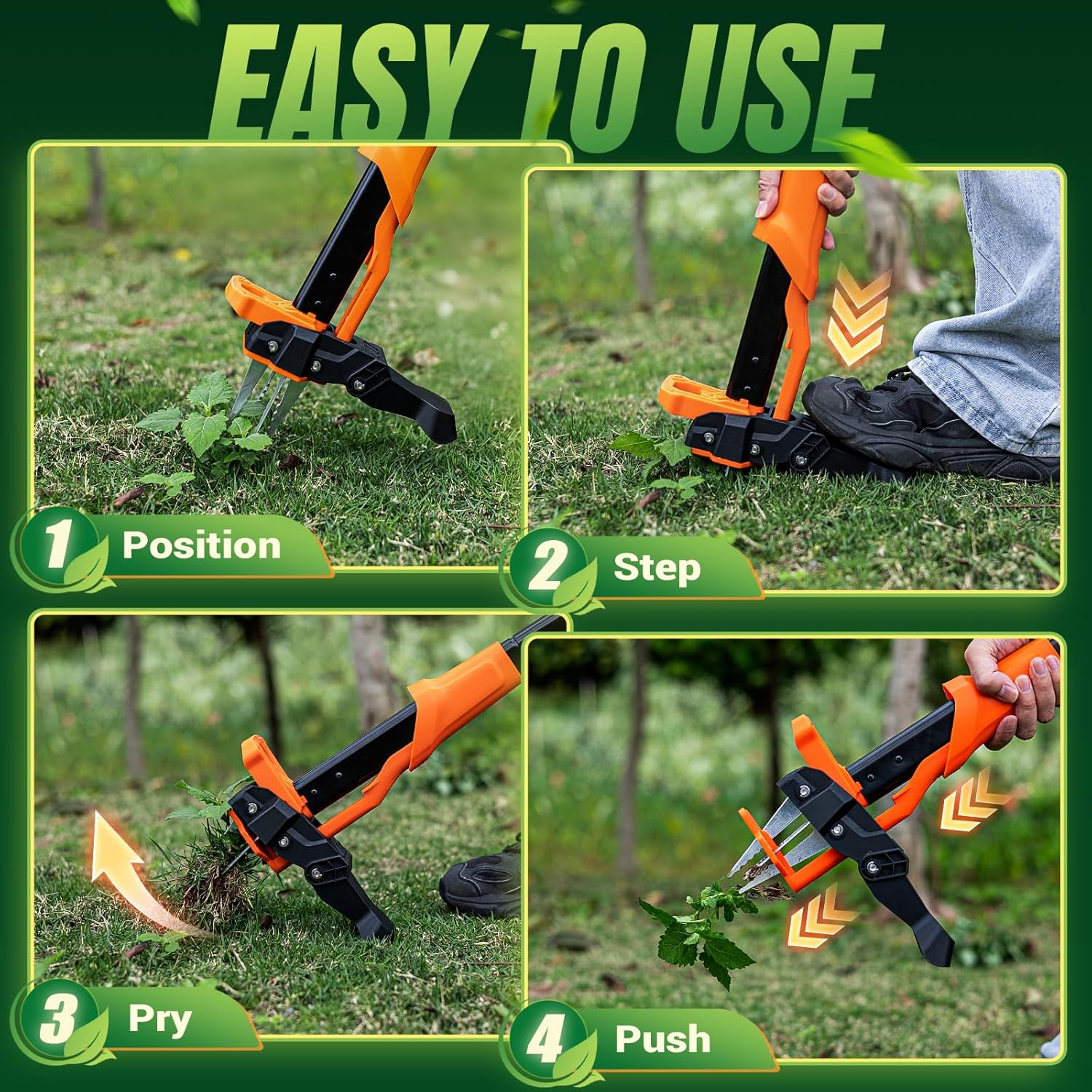 Weed Puller Tool - Stand Up Weed Puller with 4-Claw Steel Head, 39" Retractable Handle & Easy-Eject Mechanism for Dandelions, Clover & More, No Bending or Kneeling - Orange