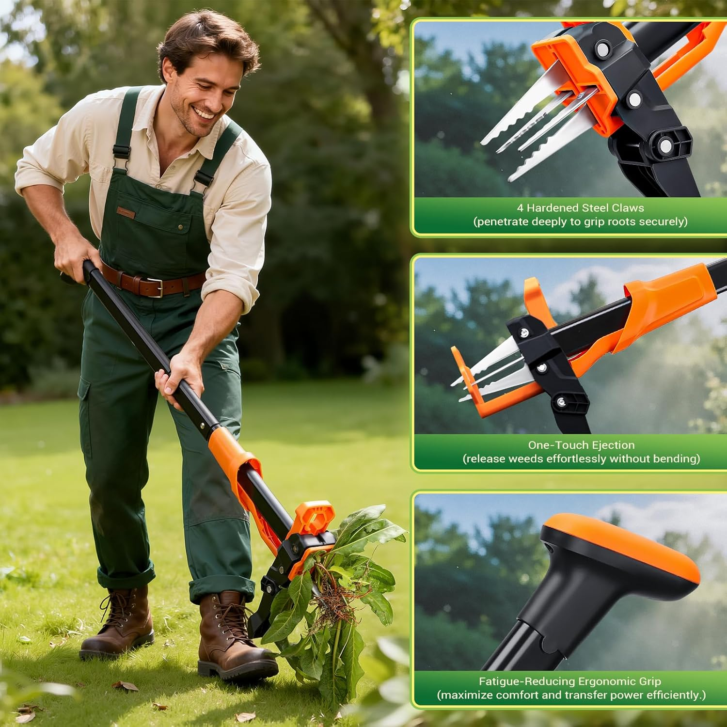 Weed Puller Tool - Stand Up Weed Puller with 4-Claw Steel Head, 39" Retractable Handle & Easy-Eject Mechanism for Dandelions, Clover & More, No Bending or Kneeling - Orange