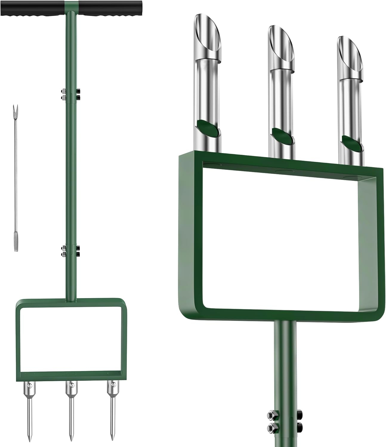 2-in-1 Manual Lawn Aerator Tool, Core Plug Aerator and Spike Aerator for Yard, 6 Replaceable Tines for Compacted Soil, Heavy Duty Garden Aeration Tool for Grass Roots Health & Lawn Care, Green