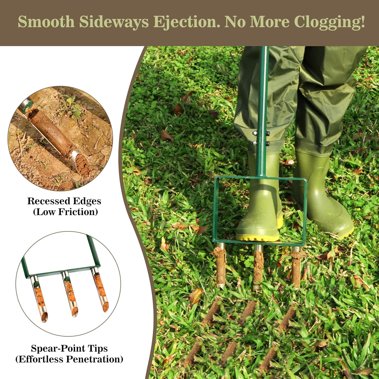 2-in-1 Manual Lawn Aerator Tool, Core Plug Aerator and Spike Aerator for Yard, 6 Replaceable Tines for Compacted Soil, Heavy Duty Garden Aeration Tool for Grass Roots Health & Lawn Care, Green