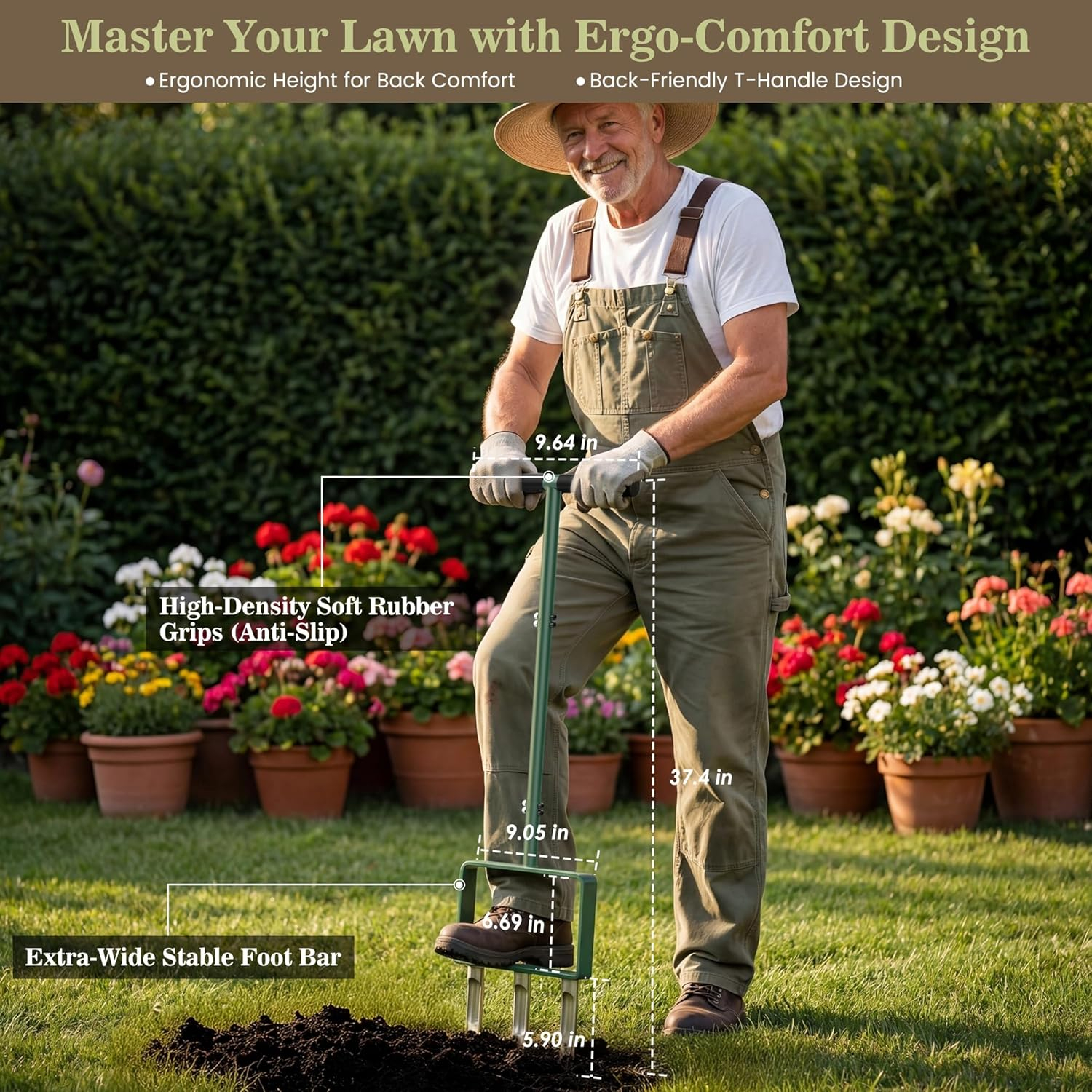 2-in-1 Manual Lawn Aerator Tool, Core Plug Aerator and Spike Aerator for Yard, 6 Replaceable Tines for Compacted Soil, Heavy Duty Garden Aeration Tool for Grass Roots Health & Lawn Care, Green