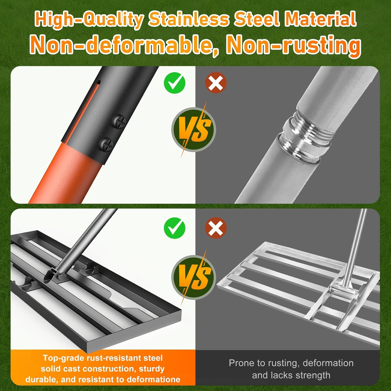 Lawn Leveling Rake, 30"x10" Leveling Rake with 78 Inch Adjustable Handle, Stainless Steel, for Backyard, Garden, Golf Course, Farm ＆ Pasture, Professional Lawn Care Tool - Orange