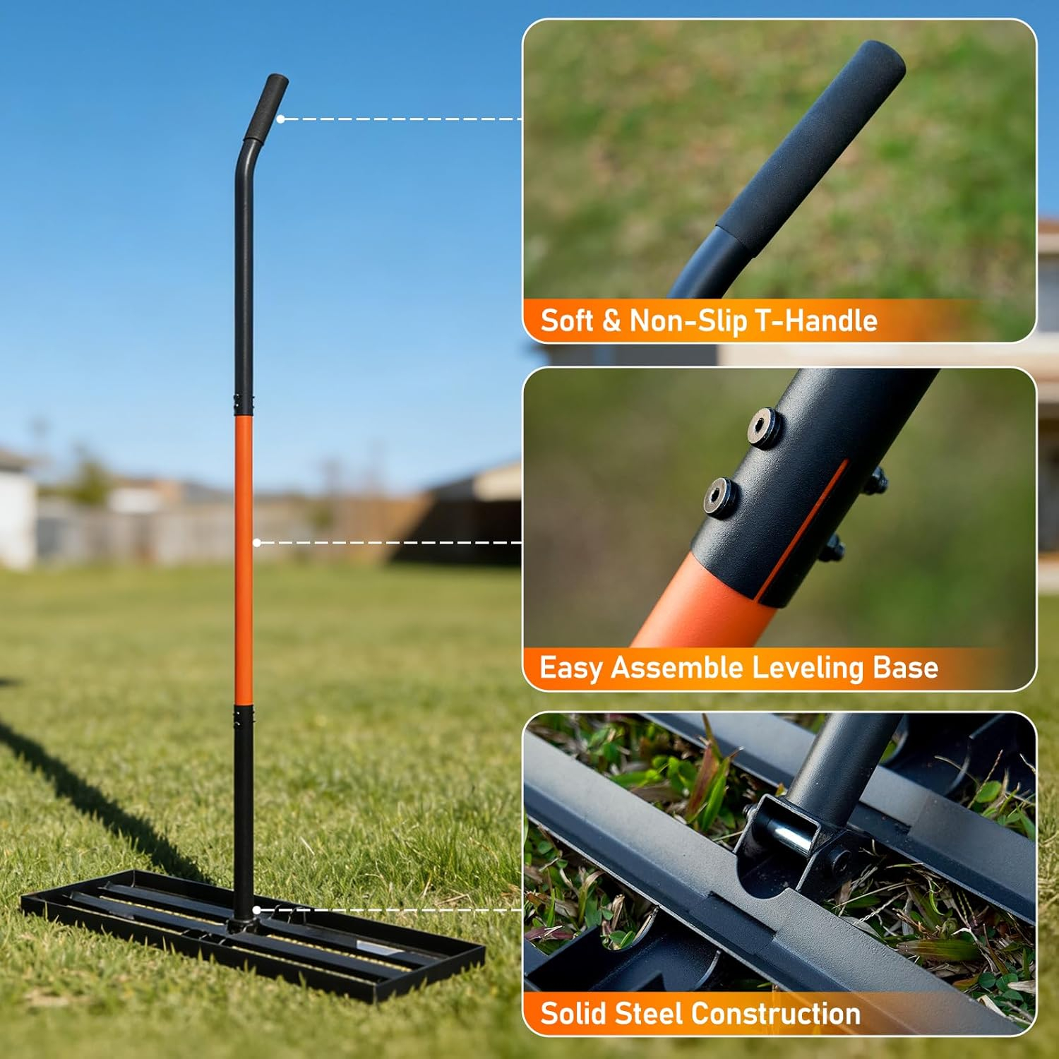 Lawn Leveling Rake, 30"x10" Leveling Rake with 78 Inch Adjustable Handle, Stainless Steel, for Backyard, Garden, Golf Course, Farm ＆ Pasture, Professional Lawn Care Tool - Orange