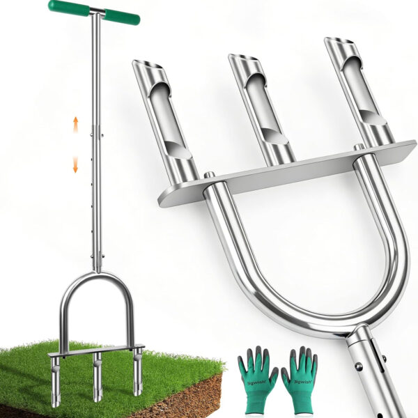 Manual Lawn Aerator Tool with 3 Hollow Tines, Adjustable Height Stainless Steel Core Aerator, Heavy Duty Plug Aerator for Lawn Soil Compaction Relief, Yard Aeration Tool