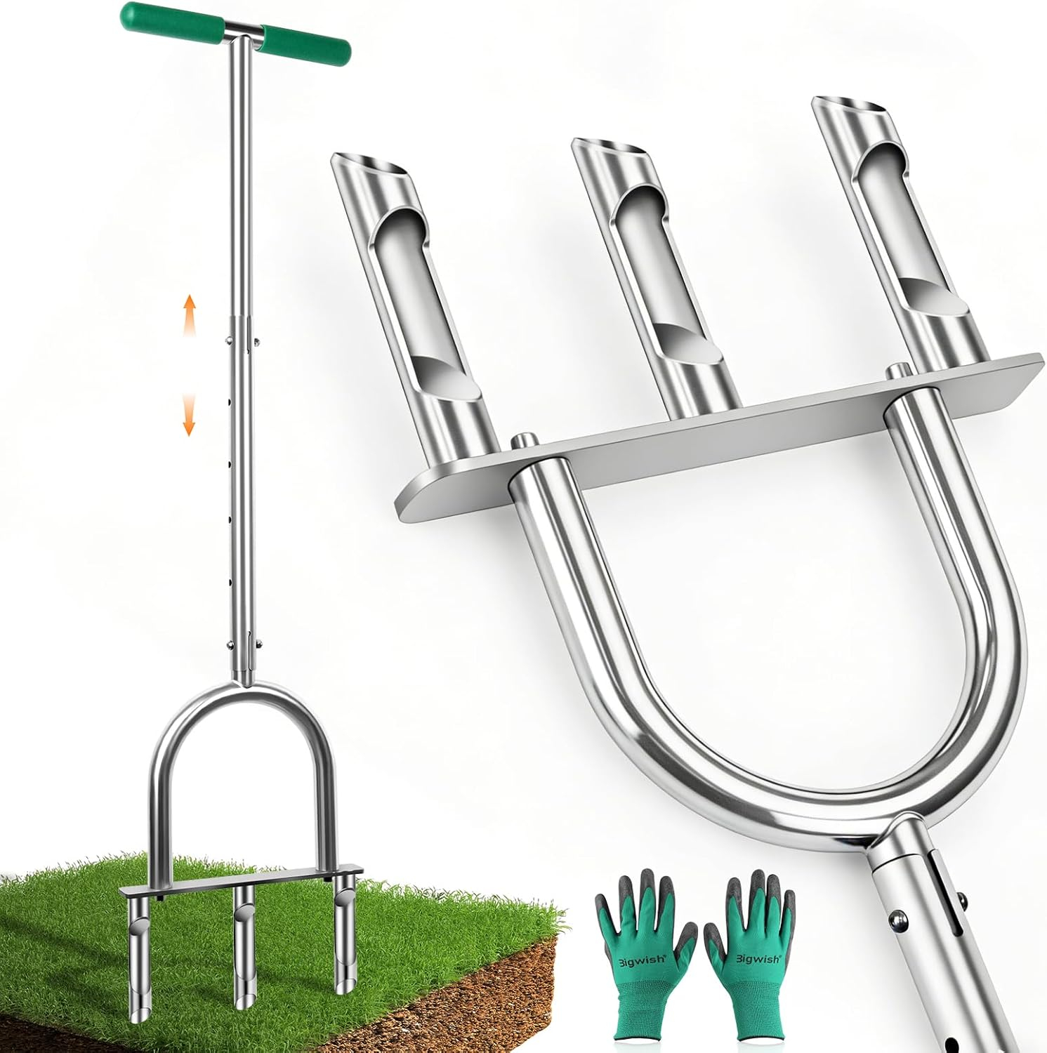 Manual Lawn Aerator Tool with 3 Hollow Tines, Adjustable Height Stainless Steel Core Aerator, Heavy Duty Plug Aerator for Lawn Soil Compaction Relief, Yard Aeration Tool