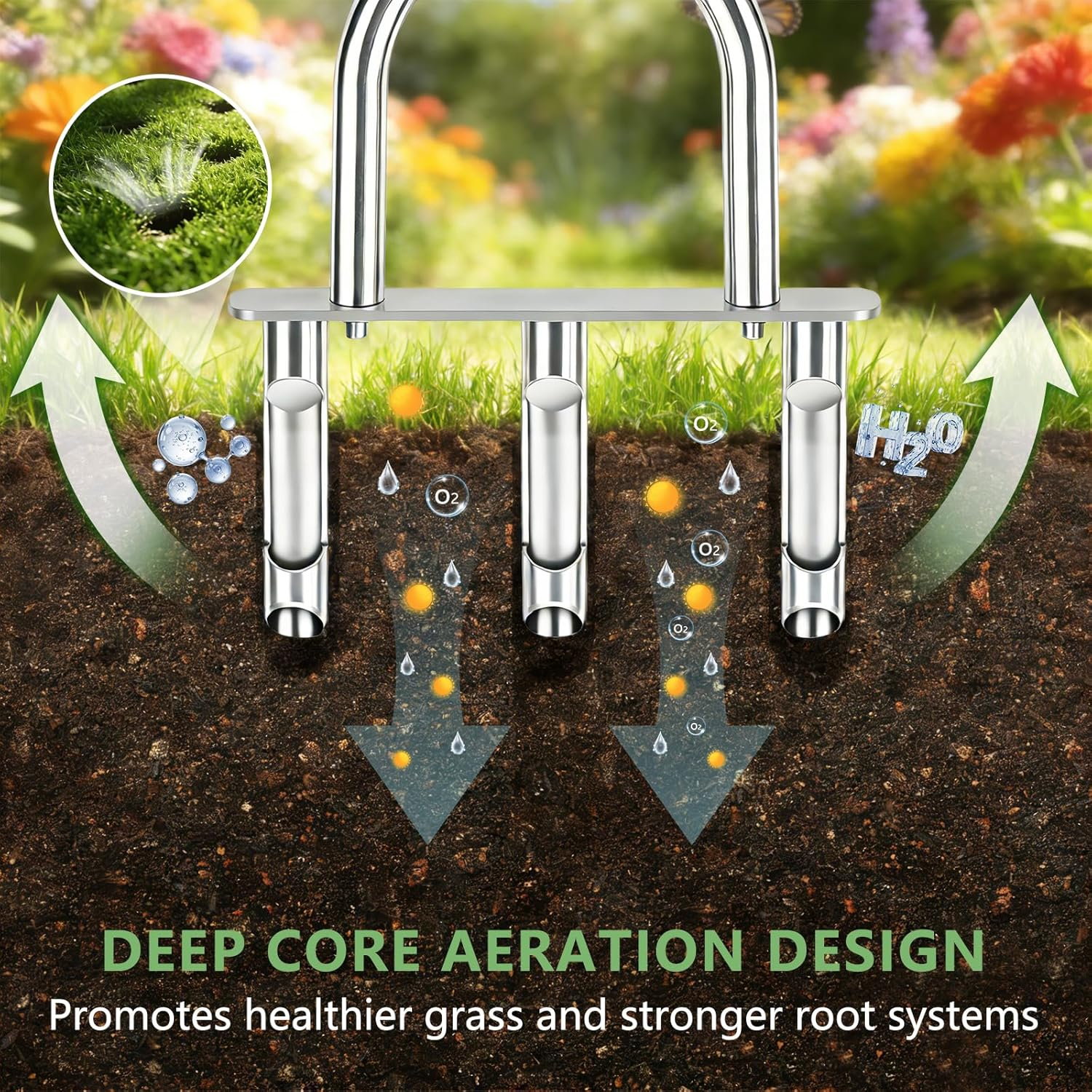 Manual Lawn Aerator Tool with 3 Hollow Tines, Adjustable Height Stainless Steel Core Aerator, Heavy Duty Plug Aerator for Lawn Soil Compaction Relief, Yard Aeration Tool