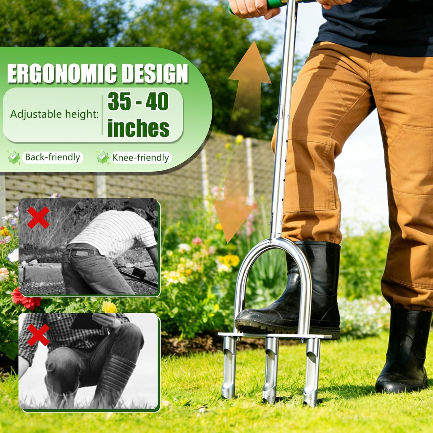Manual Lawn Aerator Tool with 3 Hollow Tines, Adjustable Height Stainless Steel Core Aerator, Heavy Duty Plug Aerator for Lawn Soil Compaction Relief, Yard Aeration Tool