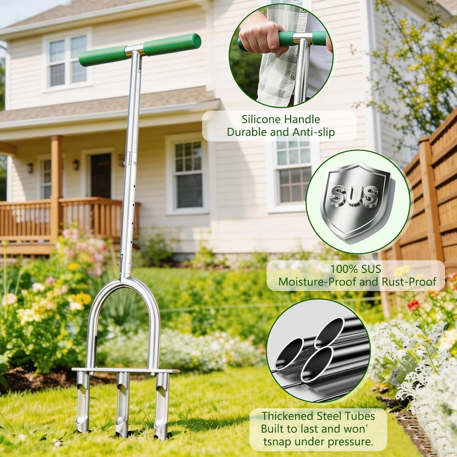 Manual Lawn Aerator Tool with 3 Hollow Tines, Adjustable Height Stainless Steel Core Aerator, Heavy Duty Plug Aerator for Lawn Soil Compaction Relief, Yard Aeration Tool