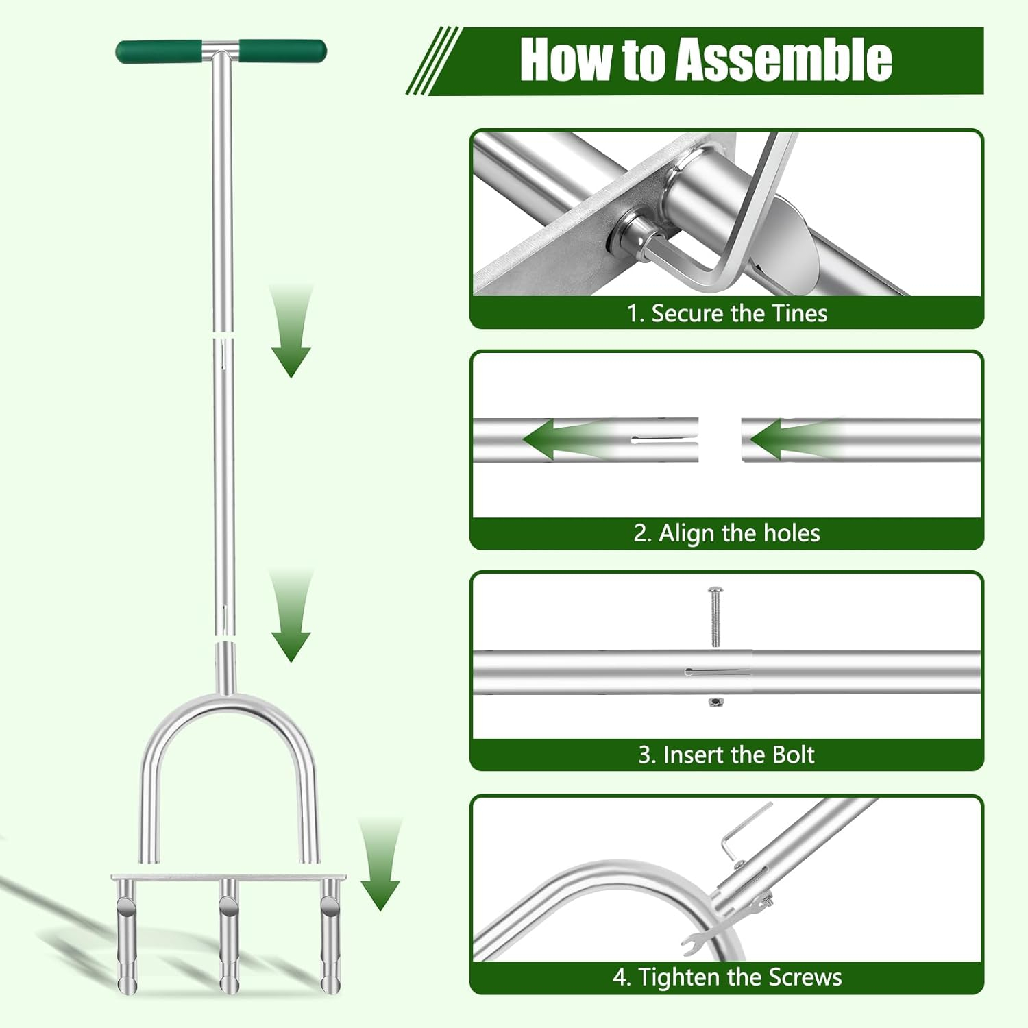 Manual Lawn Aerator Tool with 3 Hollow Tines, Adjustable Height Stainless Steel Core Aerator, Heavy Duty Plug Aerator for Lawn Soil Compaction Relief, Yard Aeration Tool