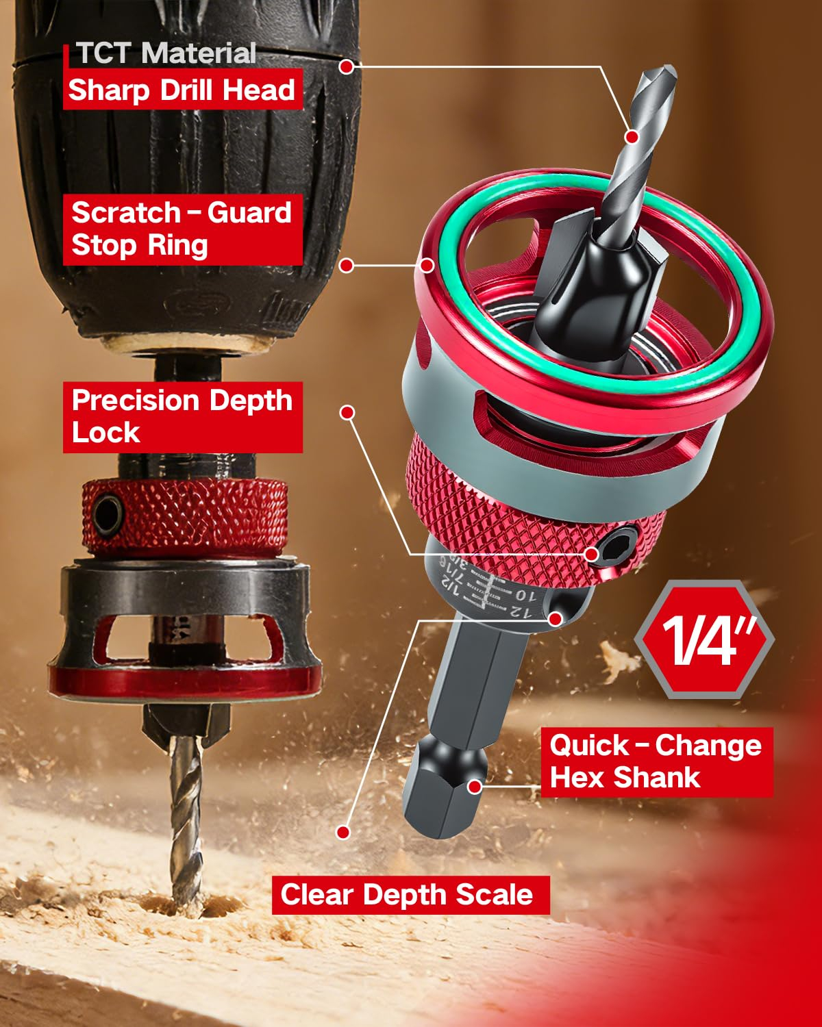 9 PCS Countersink Drill Bits Set, 5PCS Two-Flute TCT Alloy Tapered Drill Bits and Adjustable Depth Stop Collar, Wood Countersink Bit with Wrench for 82 Degree Woodworking, Plywood and MDF DIY