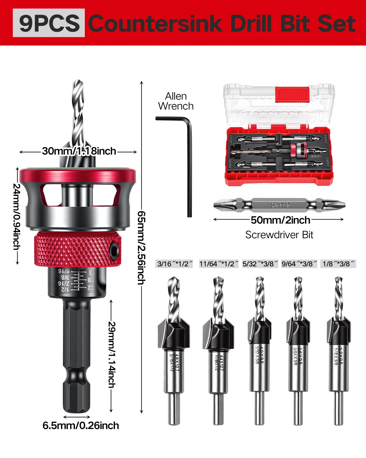 9 PCS Countersink Drill Bits Set, 5PCS Two-Flute TCT Alloy Tapered Drill Bits and Adjustable Depth Stop Collar, Wood Countersink Bit with Wrench for 82 Degree Woodworking, Plywood and MDF DIY