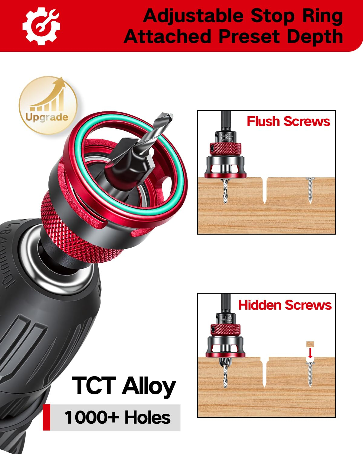 9 PCS Countersink Drill Bits Set, 5PCS Two-Flute TCT Alloy Tapered Drill Bits and Adjustable Depth Stop Collar, Wood Countersink Bit with Wrench for 82 Degree Woodworking, Plywood and MDF DIY