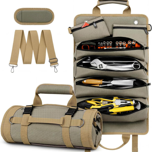 Tool Roll Up Bag, 1680D Heavy Duty Tool Bag Organizer with 2 Detachable Tool Pouches & Multiple Pockets, Waterproof Motorcycle Tool Roll for Mechanic & Electrician, Gift for Men Him Dad, 21.9"*14.7"