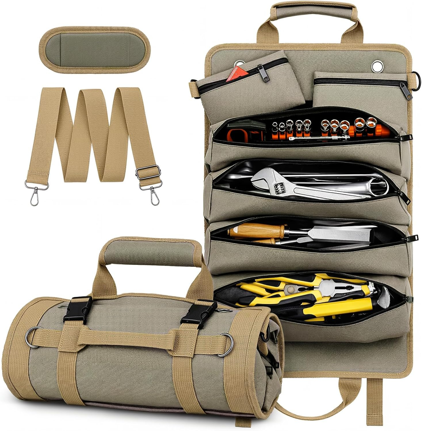Tool Roll Up Bag, 1680D Heavy Duty Tool Bag Organizer with 2 Detachable Tool Pouches & Multiple Pockets, Waterproof Motorcycle Tool Roll for Mechanic & Electrician, Gift for Men Him Dad, 21.9"*14.7"
