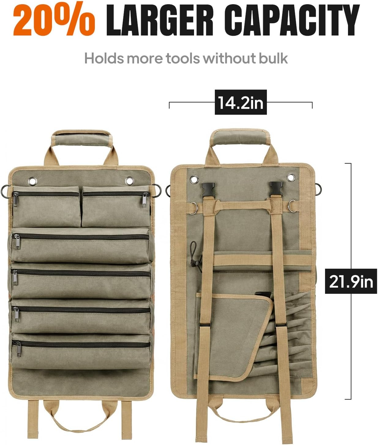 Tool Roll Up Bag, 1680D Heavy Duty Tool Bag Organizer with 2 Detachable Tool Pouches & Multiple Pockets, Waterproof Motorcycle Tool Roll for Mechanic & Electrician, Gift for Men Him Dad, 21.9"*14.7"