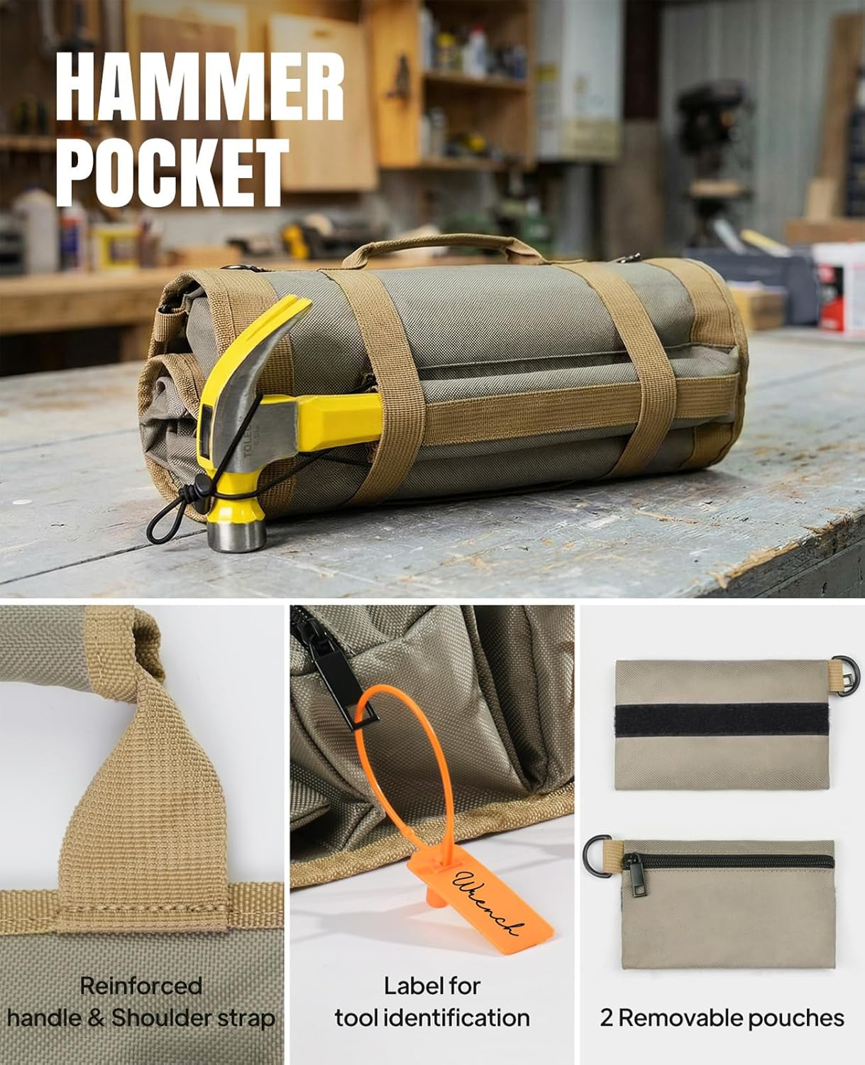 Tool Roll Up Bag, 1680D Heavy Duty Tool Bag Organizer with 2 Detachable Tool Pouches & Multiple Pockets, Waterproof Motorcycle Tool Roll for Mechanic & Electrician, Gift for Men Him Dad, 21.9"*14.7"