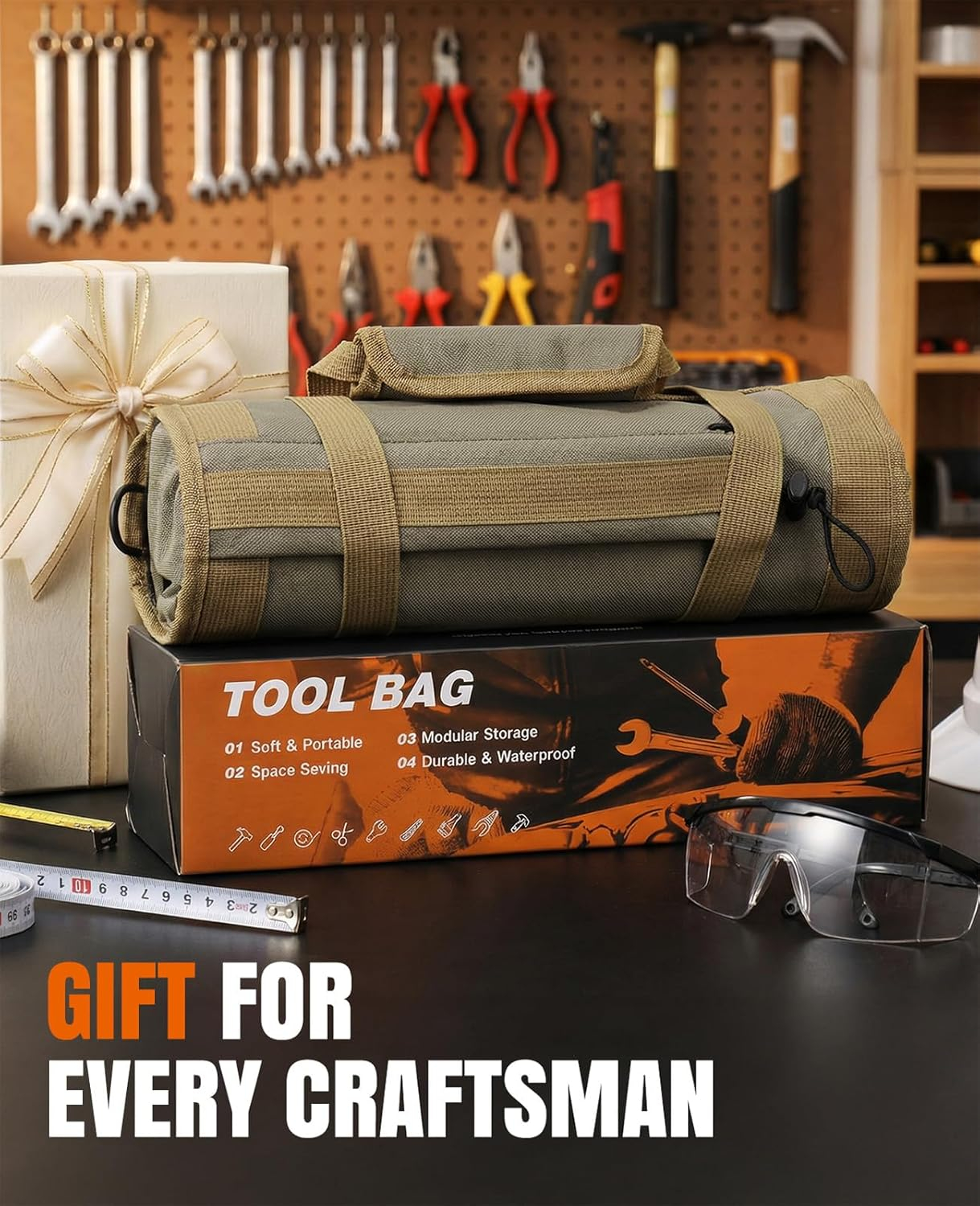 Tool Roll Up Bag, 1680D Heavy Duty Tool Bag Organizer with 2 Detachable Tool Pouches & Multiple Pockets, Waterproof Motorcycle Tool Roll for Mechanic & Electrician, Gift for Men Him Dad, 21.9"*14.7"