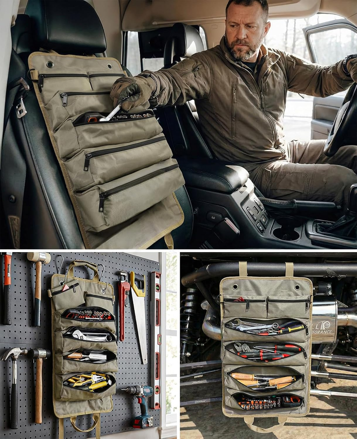 Tool Roll Up Bag, 1680D Heavy Duty Tool Bag Organizer with 2 Detachable Tool Pouches & Multiple Pockets, Waterproof Motorcycle Tool Roll for Mechanic & Electrician, Gift for Men Him Dad, 21.9"*14.7"