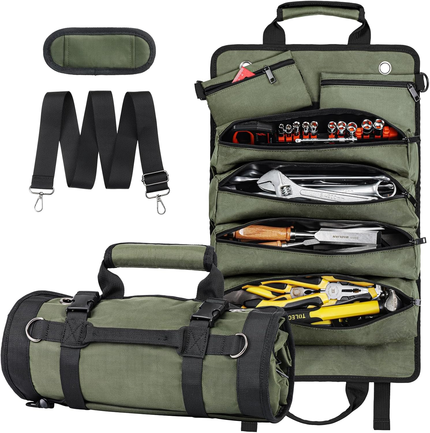 Tool Roll Up Bag, 1680D Heavy Duty Tool Bag Organizer with 2 Detachable Tool Pouches & Multiple Pockets, Waterproof Motorcycle Tool Roll for Mechanic & Electrician, Gift for Men Him Dad, 21.9"*14.7"