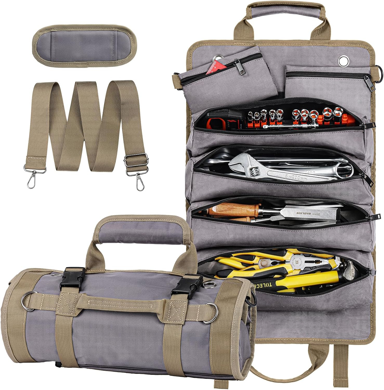 Tool Roll Up Bag, 1680D Heavy Duty Tool Bag Organizer with 2 Detachable Tool Pouches & Multiple Pockets, Waterproof Motorcycle Tool Roll for Mechanic & Electrician, Gift for Men Him Dad, 21.9"*14.7"