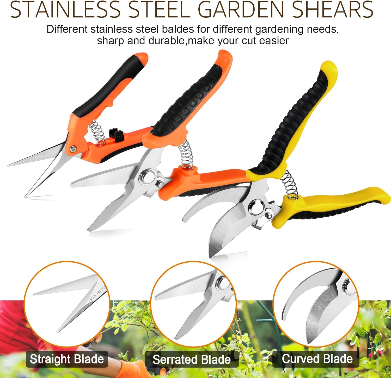 3 Pack Garden Pruning Shears Stainless Steel Blades Handheld Pruners Set with Gardening Gloves