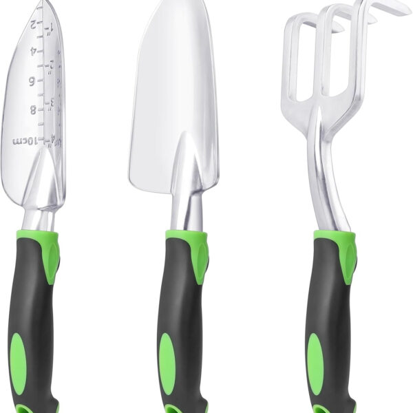Garden Tools Set, 3 Pack Heavy Duty Gardening Tools Set Include Garden Shovel, Transplant Trowel and Hand Rake with Ergonomic Non-Slip Handle, Aluminum Alloy Lawn and Garden Hand Tools for Planting