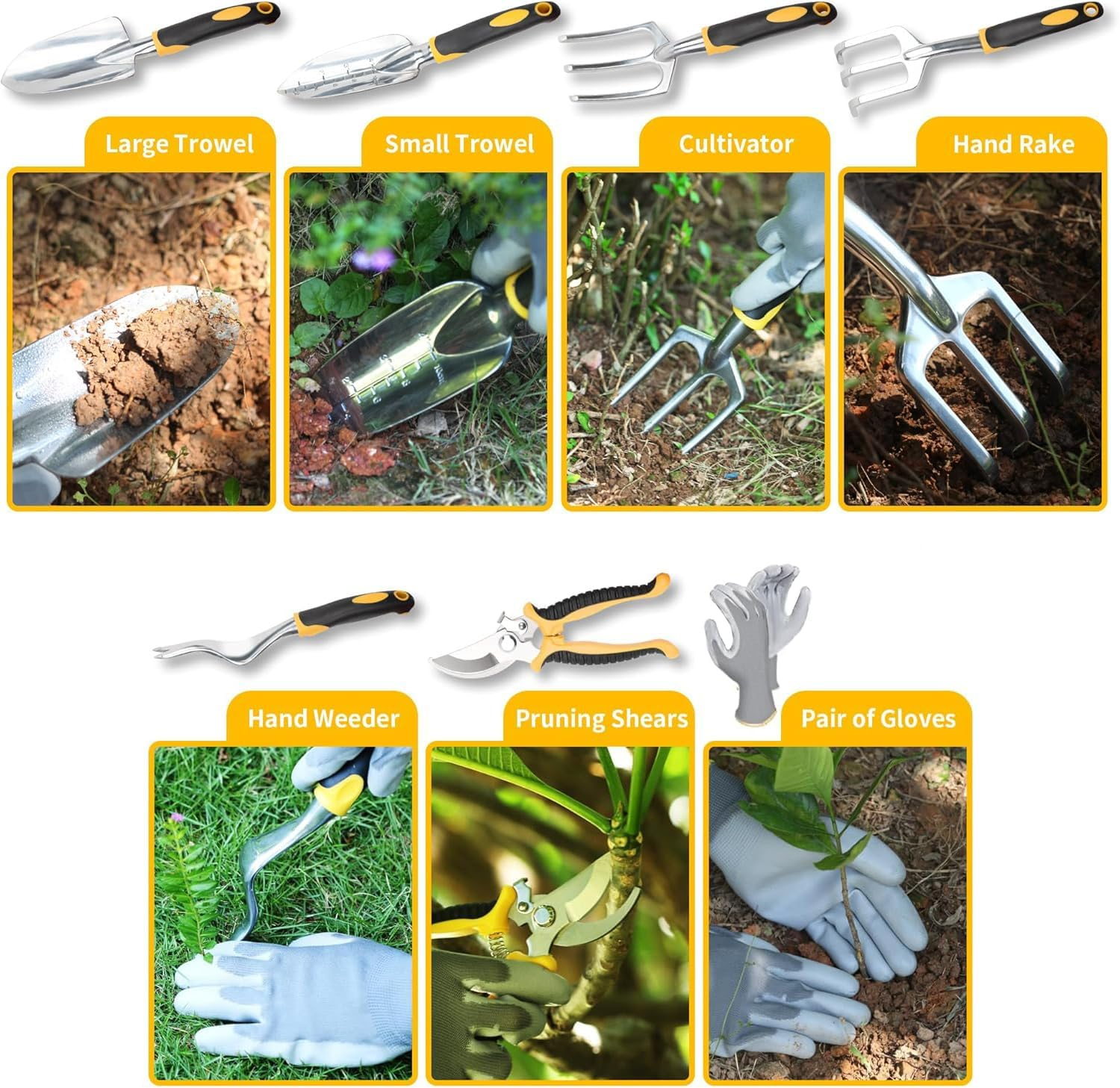 Garden Tools, 8 Piece Heavy Duty Gardening Tools Set with Non-Slip Rubber Grip, Stainless Steel Garden Tool, Gifts for Kids, Women, Husbands, and Parents