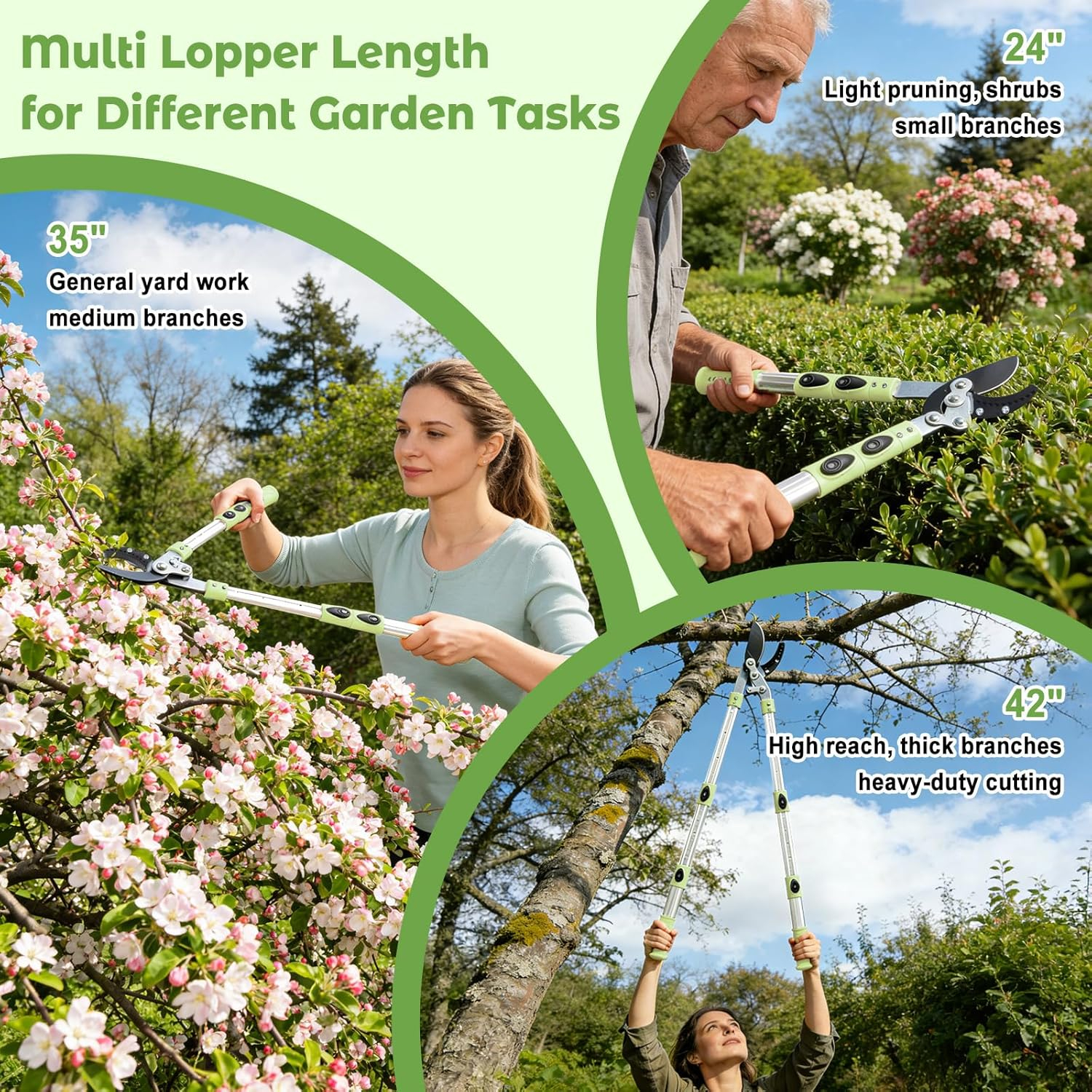 Extendable Loopers for Tree Trimming, 24-42'' Heavy Duty Thick Branches Cutter Lopping Shears with SK5 Steel Blade, Pruning Shear with 1.8” Cut Capacity, Loppers with Compound Action for Gardening